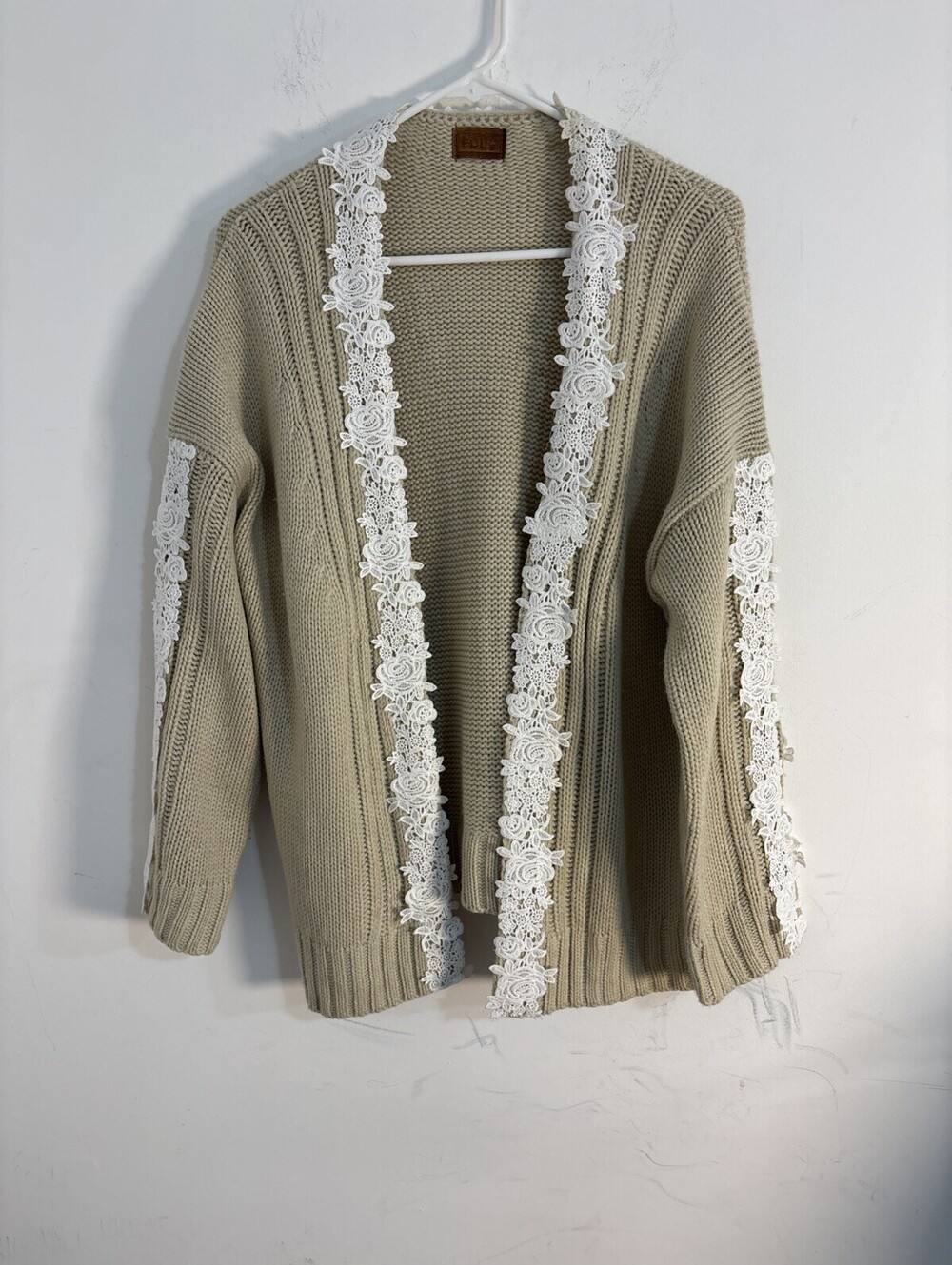 POL Clothing Boho Knit Lace Trim Open Front Cardigan Sweater Taupe Beige